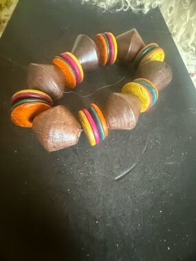 Chunky Brown Wood Beaded Bracelet with Multicolor Accents